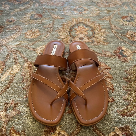 Manolo Blahnik Susa Flat Leather Sandal in Luggage Size 38 (8b) - Picture 3 of 7